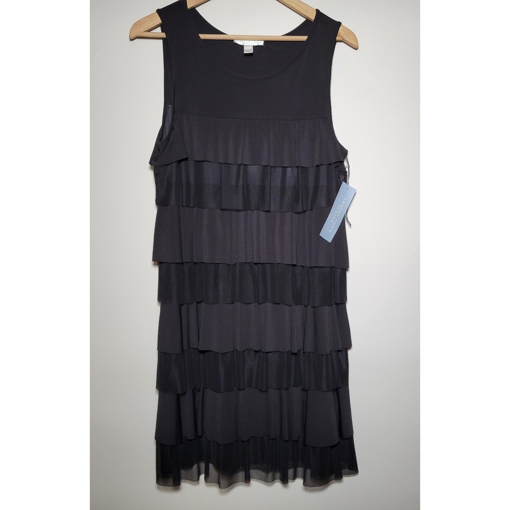 London Times Womens Petite New NWT 12P Ruffled Sleeveless Black Dress 0012